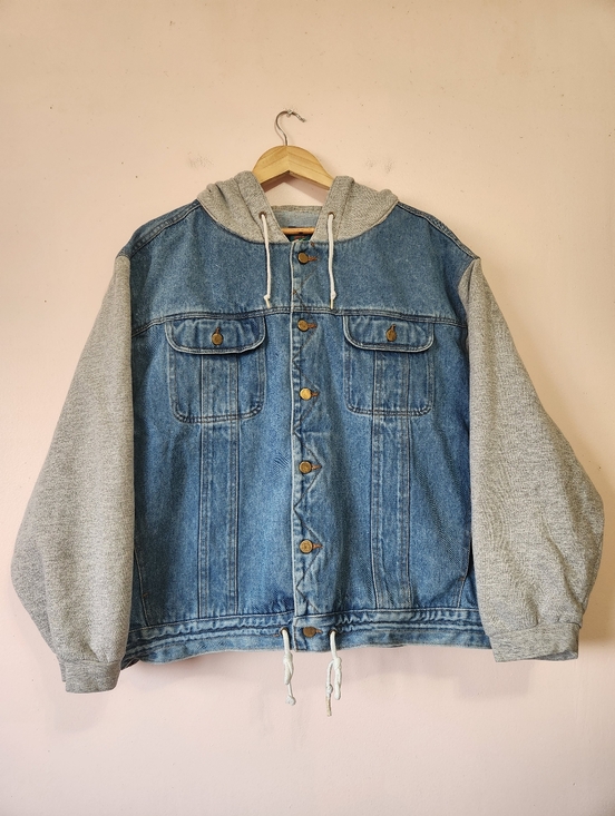 Other - Rare Vintage 90s Fine Line Denim Trucker Jacket Fleece Hoodie and Sleeves Sz XL